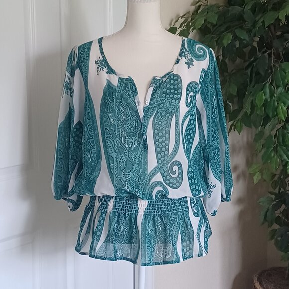 EUC Jennifer and Grace Green & White Paisley Print Sheer Blouse Size Large - Picture 1 of 5
